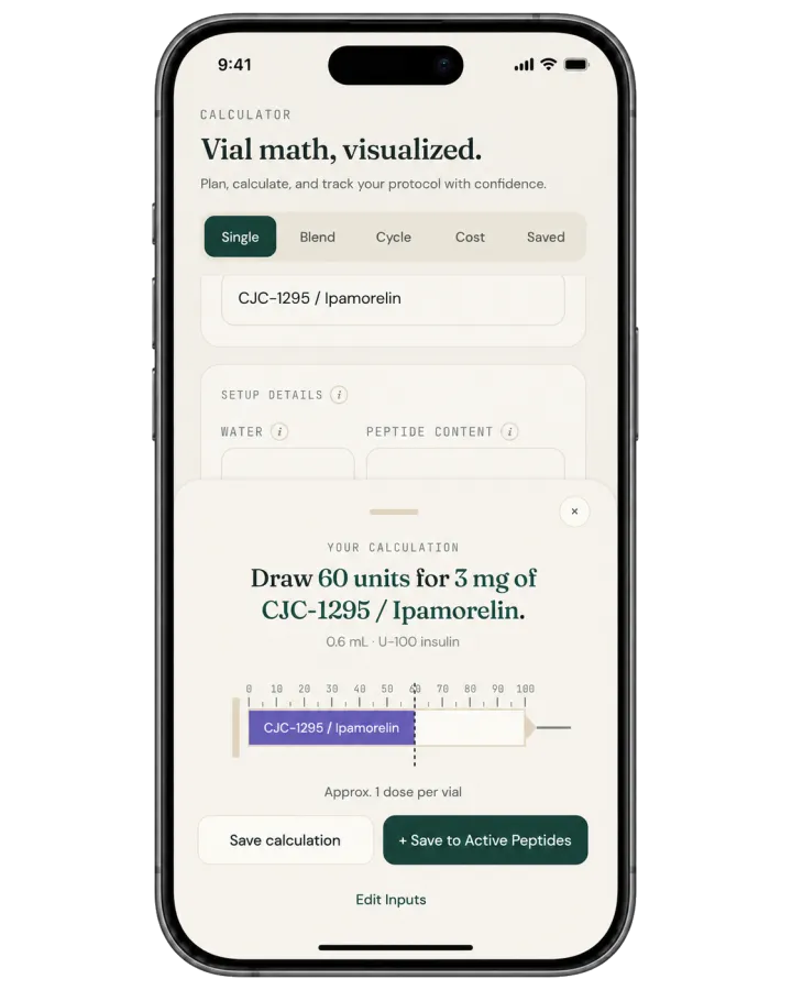 PepCue calculator screen with visual syringe
