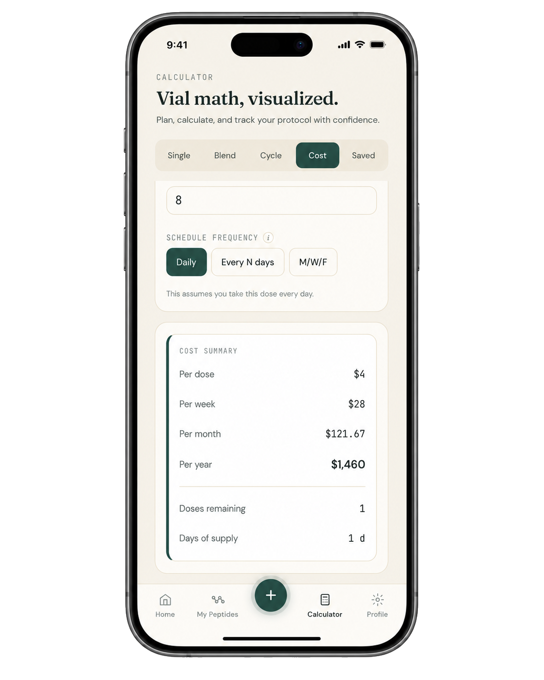 PepCue cost summary screen — per dose, per week, per month, and per year totals from user-entered vial price and schedule