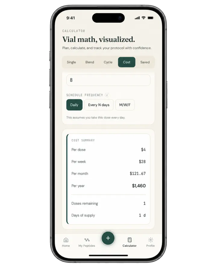 PepCue cost summary screen — per dose, per week, per month, and per year totals from user-entered vial price and schedule