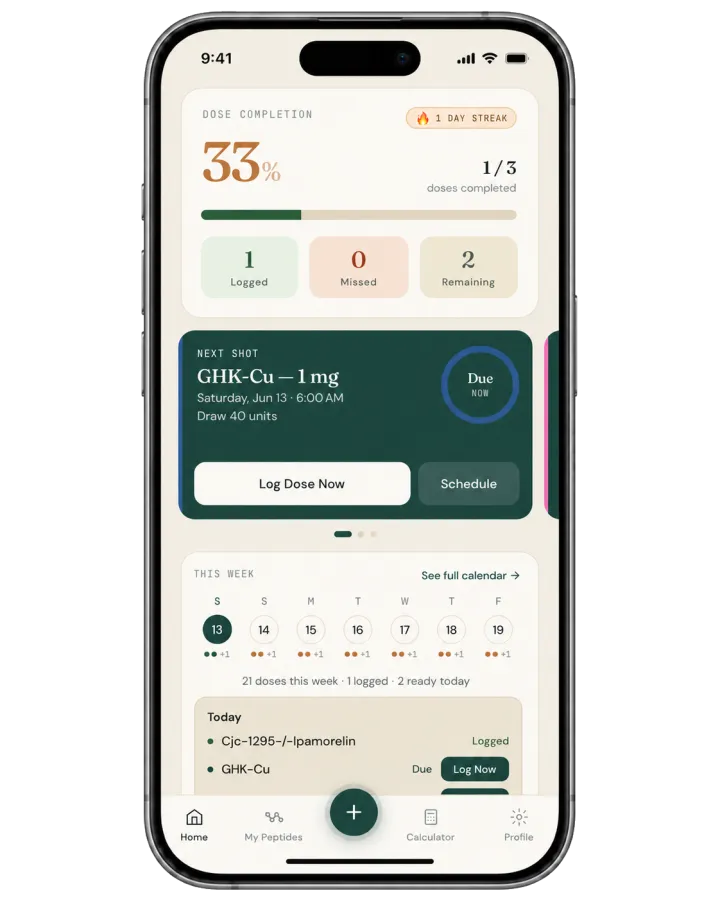 PepCue home screen — today's dose schedule with logged check-offs, weekly calendar, and next-shot card